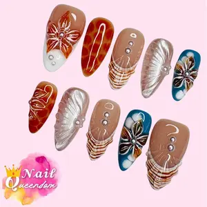 Nail Queendom[AMBER SHORES] Handcrafted 3D Press-On Nails Reusable Long Lasting Salon Quality Easy Application 10 Pieces Set Eco-Friendly 3D-gel Finish