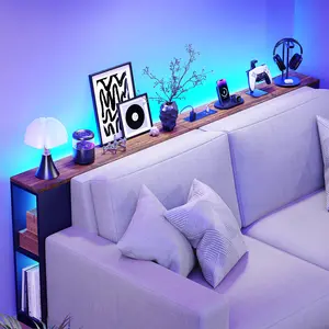 MIIFUNY 79" Behind Couch Table, Industrial Long Sofa Table with LED Lights & Outlet, Human Body Sensor, Narrow Console Table with Storage for Entryway, Living Room, Hallway (Rustic Brown)