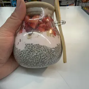 Glass Storage Jar with Lid & Spoon, 1/2/3/4 Counts Overnight-Oats Jar with Stickers & Pen, Food Storage Container for Yogurt, Spice, Salad, Kitchen, Glass Mason Jar