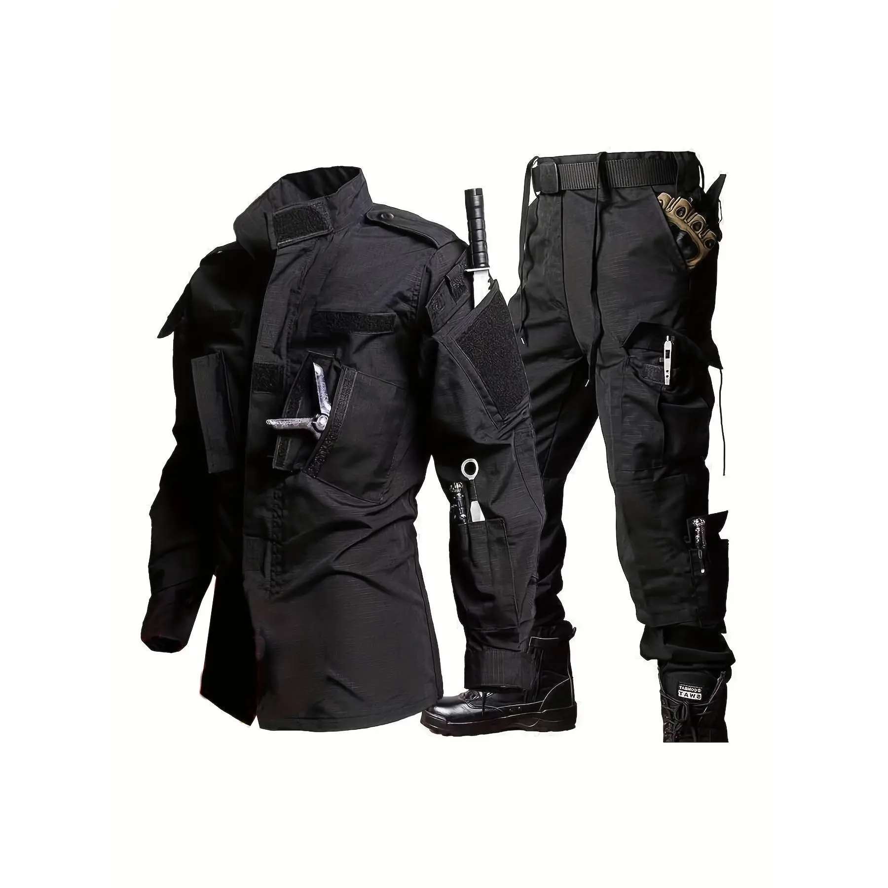 Men's Lightweight Tactical ACU Suit - Black, Durable Polyester Outdoor Camouflage Hunting & Training Gear with Multiple Pockets, Long-Sleeve Jacket & Cargo Pants for Hiking & Combat, Hiking Outfit |   Rugged Outdoor Wear |   Durable Fabric