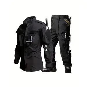 Men's Lightweight Tactical ACU Suit - Black, Durable Polyester Outdoor Camouflage Hunting & Training Gear with Multiple Pockets, Long-Sleeve Jacket & Cargo Pants for Hiking & Combat, Hiking Outfit |   Rugged Outdoor Wear |   Durable Fabric