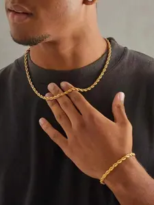 2pcs/Set Gold-Color Stainless Steel 18K Plated Twisted Chain Bracelet And Necklace Combination For Men, Simple Style For Sports And Fashion Accessory