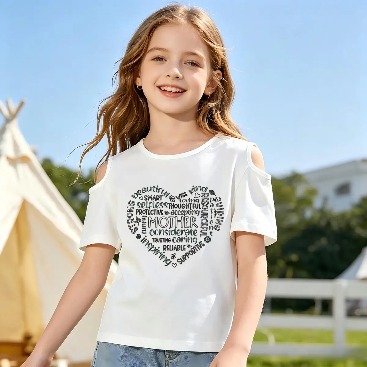 Girls' Basic Top with Cutout Shoulders and Minimalist Heart Print - Casual Relaxed Fit for School & Parties, Cold Shoulder Sleeve, Breathable, Graphic, Girly Finds, Cotton, Loose-Fitting, Party, Round, Short Sleeve, T-Shirt, Alt Outfits, Clothes, Short Sl