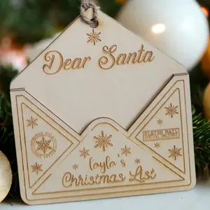 Personalized name Christmas ornament, Wooden engraved envelope for wish list