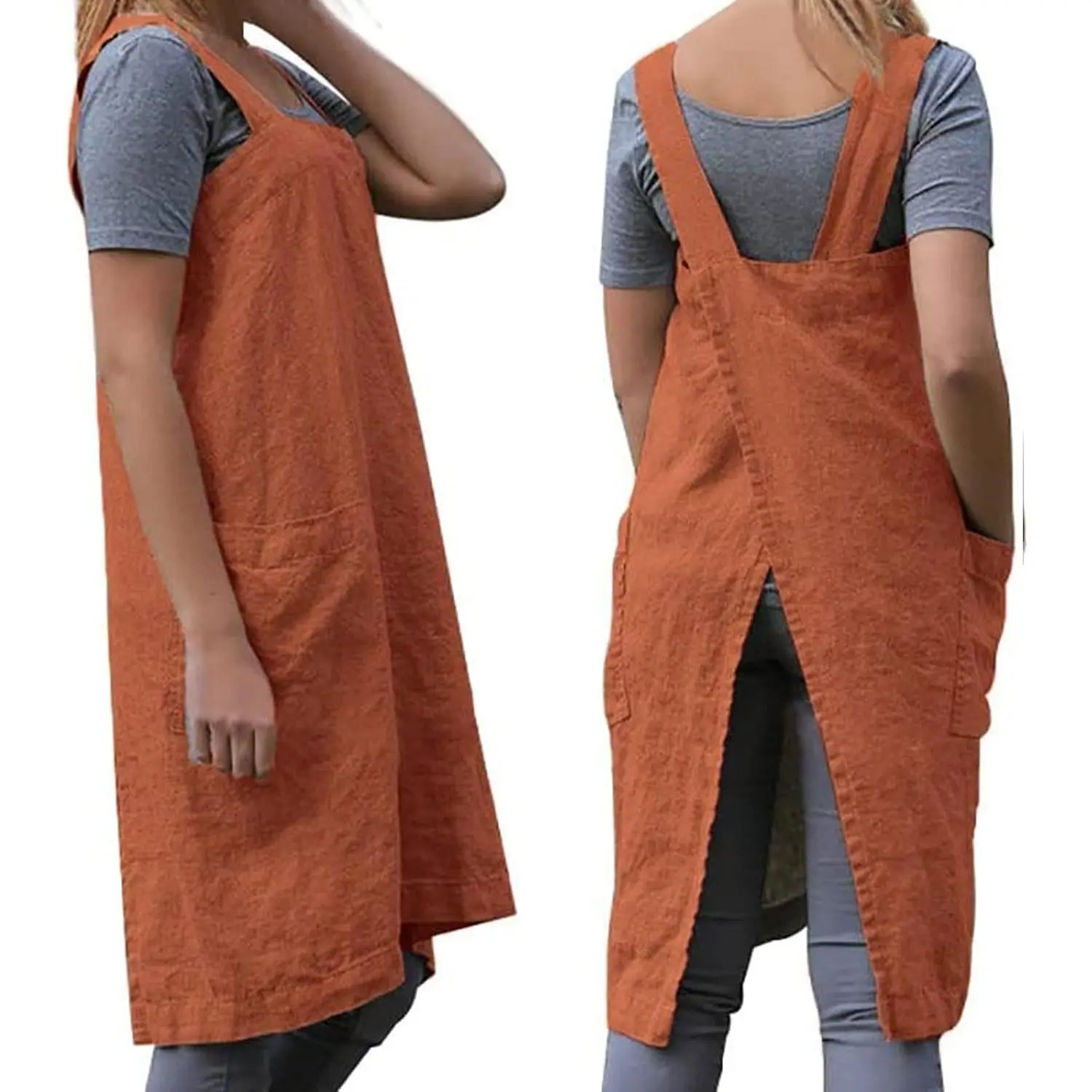 Women's Solid Cotton Pinafore Apron, Breathable Cross-Back Workwear with Large Pockets for Kitchen, Gardening, and Baking, Aprons With Pockets, Baking Apron