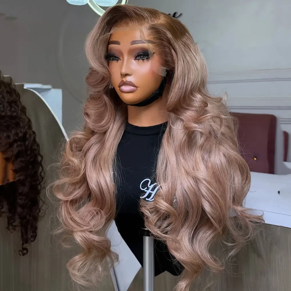 Ash Blonde with Dark Brown Roots Human Hair Drawstring Wigs Pre-Cut Lace Transparent Lace Frontal 200% Density Body Wave/Straight Wig 13x6 Lace Front Ombre Blonde Glueless with Baby Hair For Women