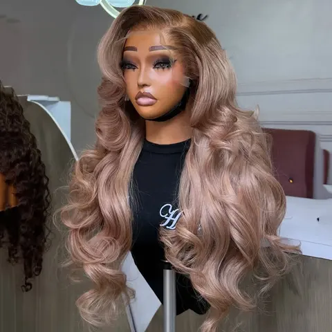 Ash Blonde with Dark Brown Roots Human Hair Drawstring Wigs Pre-Cut Lace Transparent Lace Frontal 200% Density Body Wave/Straight Wig 13x6 Lace Front Ombre Blonde Glueless with Baby Hair For Women