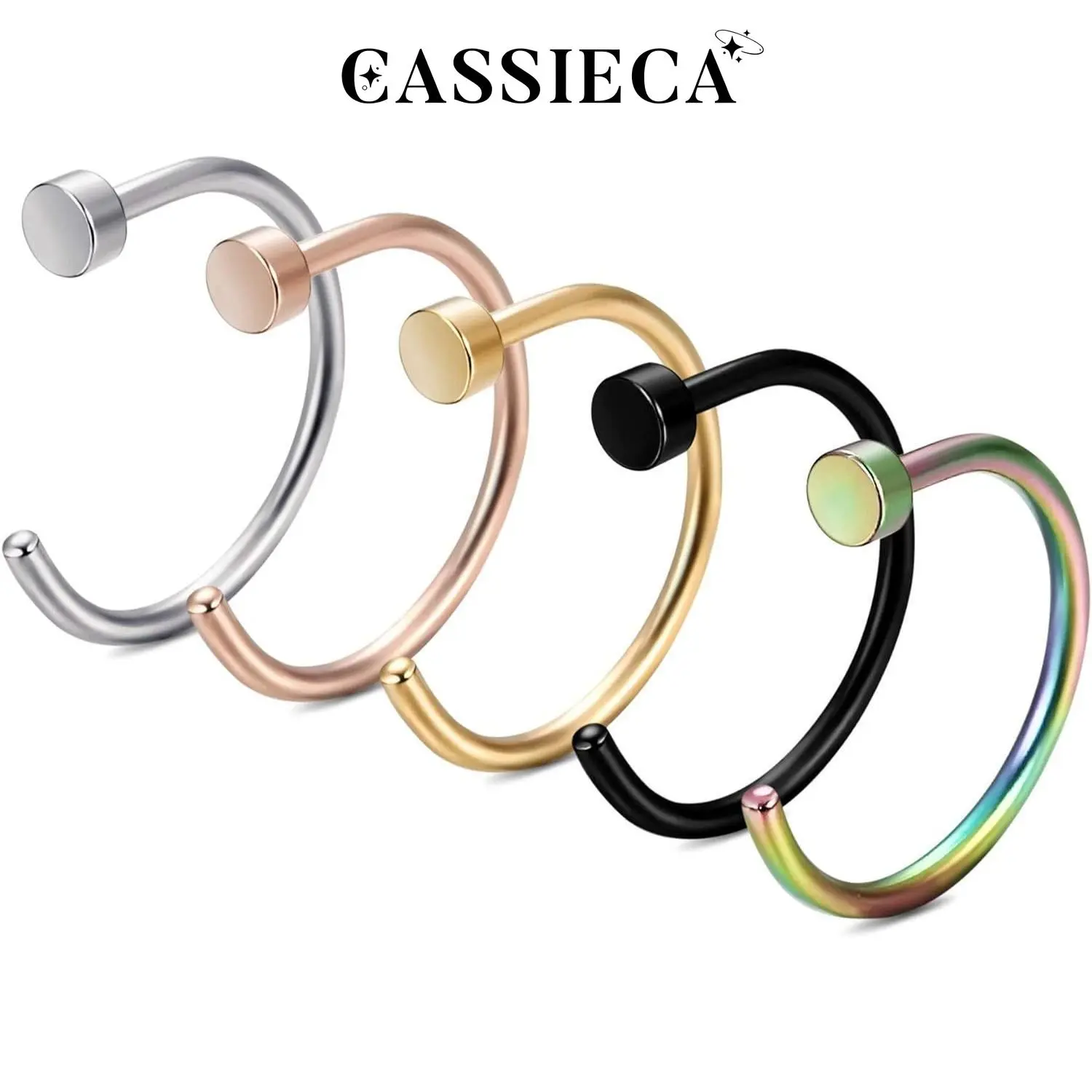 Cassieca 18G-22G 5-Count Stainless Steel Spiral Nose Ring Hoop, Women's Body Jewelry