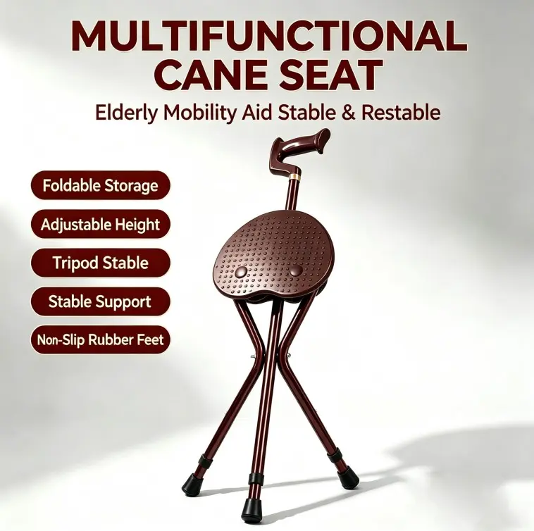 Adjustable Folding Cane with Seat, Lightweight Aluminum Tripod Walking Stick Chair, Portable Foldable Stool Cane Non-Slip Rubber Tips Mobility Aid for Seniors&Hiking stick Waiting, durable walking stick, Ergonomic Walking Cane, bordones para caminar
