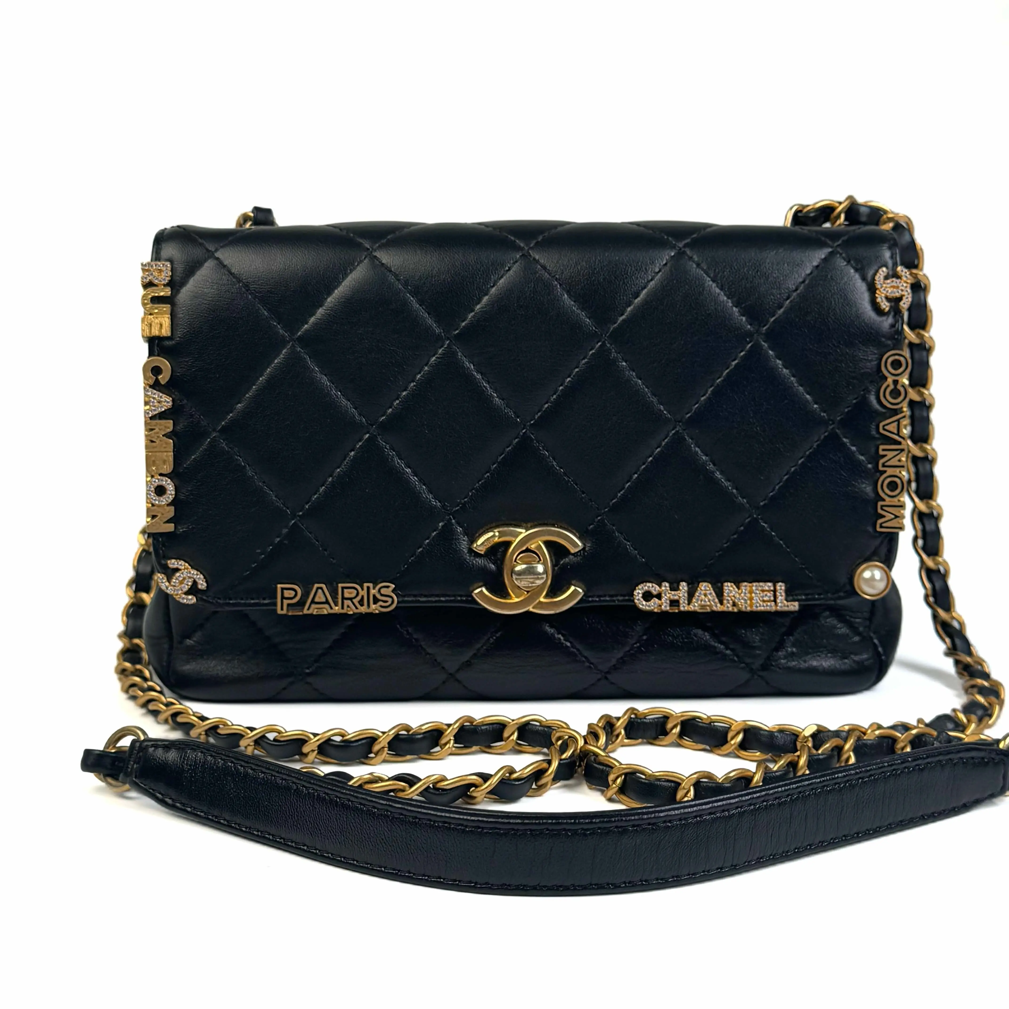 Pre-owned CHANEL Classic Flap Monte Carlo Limited Edition Badge Bag, Black Lambskin, Mini Size, Chip Version, Approx. 19cm Base Length, Serial No. N25225968
