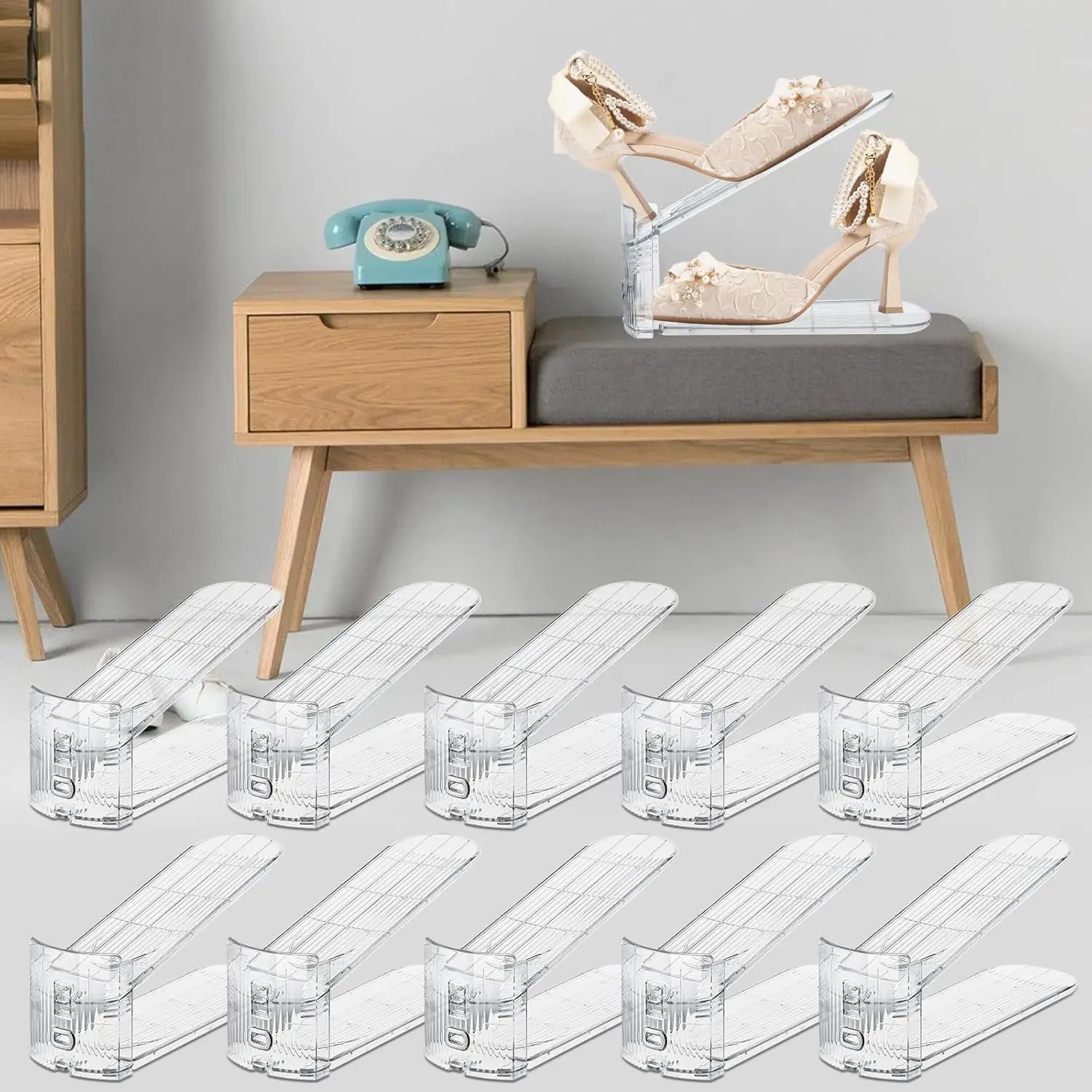 Adjustable Shoe Slots Organizer,10PACK Transparent Shoe Stackers Shoe Rack Holder Shoe Space Savers Double Layer Stack Shoe Racks for Closet Organization(Transparent)