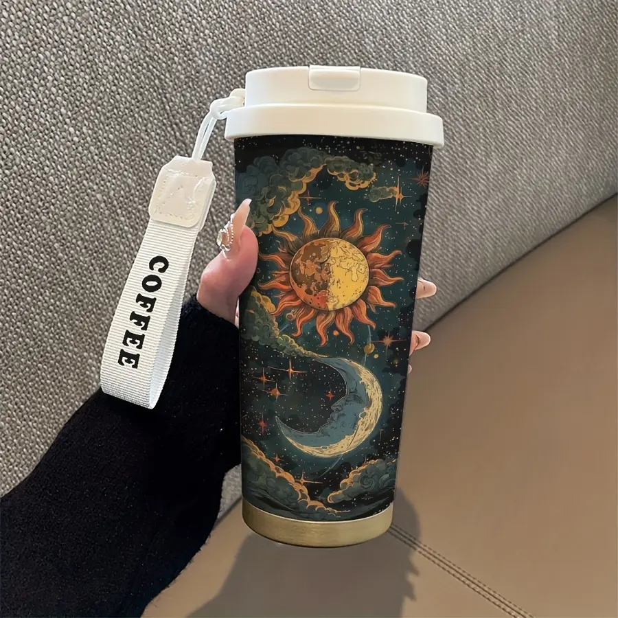 18oz Traditional Stainless Steel Travel Mug - Leak-Proof Lid, Graffiti-Print Sun Moon Stars Double-Walled Vacuum Insulated Cup, Office Coffee Mug for Coffee Lovers, Valentine's Day/Birthday Gift