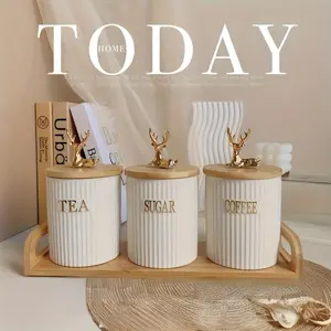Set of 3 Ceramic Sealed Jars, 650ML Reindeer Storage Jars with Bamboo Base, Tea Coffee Sugar Containers, Home Kitchen Essentials