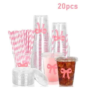 Bow Plastic Cups with Lids & Straws (20/50 Pack), Cute Party Drinkware for Bridal Shower, Baby Shower, Birthday, Girl Themes