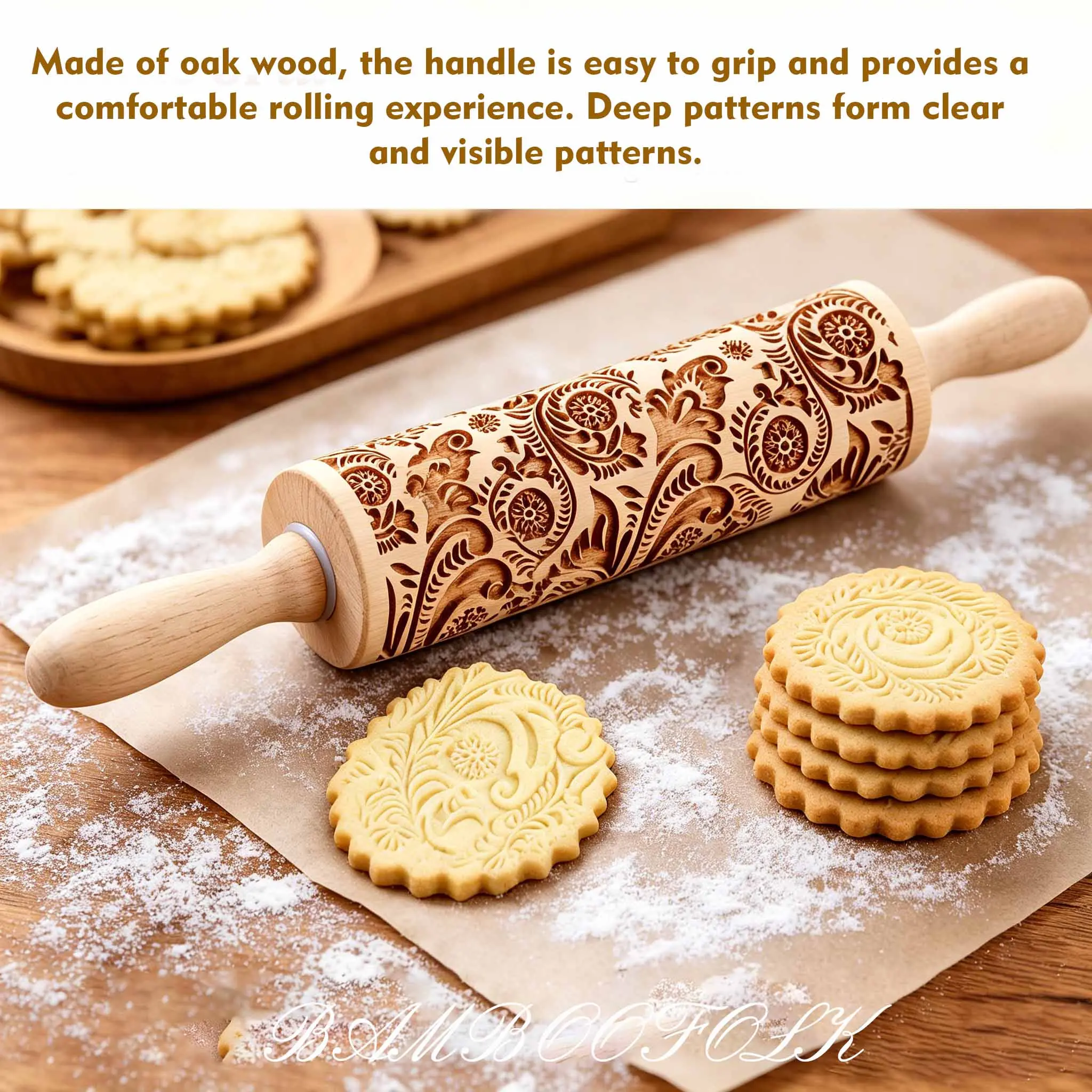1pc Wooden Christmas Embossed Rolling Pin, Deeply Engraved Christmas Flower and Leaf Pattern, Great for Cookie Cake Baking and Home Decoration, Christmas Party Gift