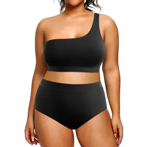 Tempt Me Women Plus Size High Waisted Bikini Two Piece One Shoulder Swimsuit Plus Size Full Coverage Bathing Suit  SwimWeek  summervibes
