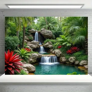 1PC,2D Flat Backdrop Tropical Waterfall Landscape Decorative Backdrop, Natural Green Plants & Rocks with Flowing Water Theme Tapestry, Festival Atmosphere Wall Decoration, for Living Room, Bedroom,,summerwins