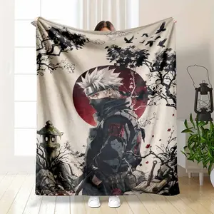 Kakashi Hatake Naruto Series Flannel Blanket Japanese Samurai Ink Art Print with Rising Sun and Sakura Elements Soft Warm Cozy Lightweight Throw Ideal for Sofa Bedroom Office Travel Gift Decor Use