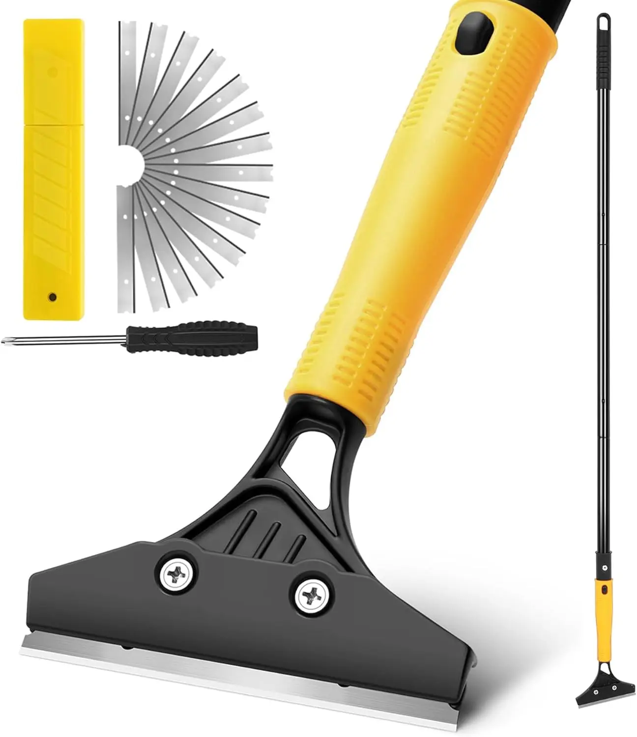 Floor Scraper Heavy Duty with Long Handle, 4 Inch Razor  Floor Scraper with 10 count Extra Metal , Scrapers for Cleaning Wall Glass Tile Floor  Gum Stains Stickers Linoleum