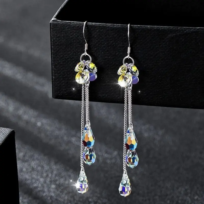 Women's Crystal Dangle Earrings - 1 Pair Affordable Fashion Boho Teardrop Long Chain Tassel, Lightweight Silver Hook, Fairy Aesthetic Whimsical Dopamine Costume Jewelry for Party Gift, Dopamine Jewelry, Whimsical Earrings, Bohemian Earrings