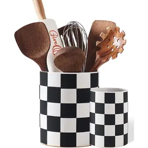 Checkered Utensil Holder, 7.1"+5.8" Inch Ceramic Spatula Holder, Black Cooking Kitchen Utensil Holder for Countertop, Kitchen Decor and Accessories for Counte