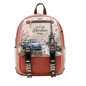 Nikky Let the Adventure Begin Backpack with Eiffel Tower and Vintage Car Design in Pink Color