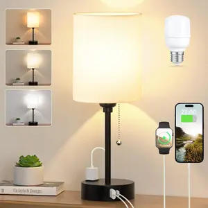 Small Bedside Table lamp for Bedroom - 3 Color Temperatures Bedside Lamps with USB C and A Ports, Pull Chain Table Lamps with AC Outlet, White Nightstand Lamps with Black Metal Base for  Reading