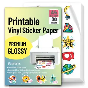 20/30/40 Sheets A4 Glossy Vinyl Sticker Sheets 8.3 x 11.7 inch Self-adhesive Waterproof Label Compatible with Inkjet & Laser Printers DIY Sticker Paper
