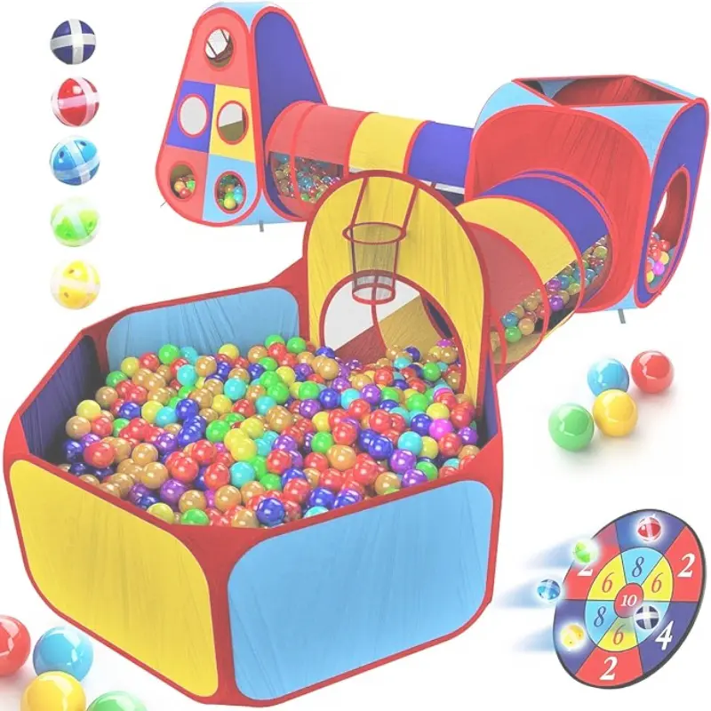 Pop Up 5-in-1 Kids Play Tent Tunnel Ball Pit Combo with Basketball Hoop, Foldable Colorful Toddler Indoor Outdoor Backyard Playhouse Ball Pool Play Set（Balls Not Included）