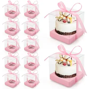 12 Pack Clear Plastic Cupcake Boxes, Gold Single Cupcake Containers Disposable Individual Cup Cake Carrier Holder Boxes with Inserts and Ribbon
