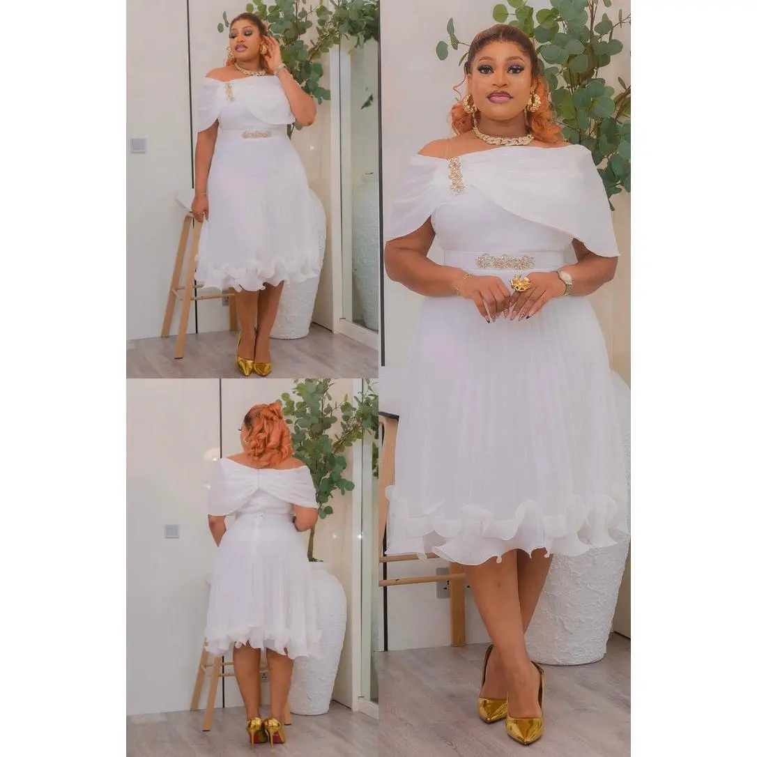 White Off-The-Shoulder Ruffle Twirl Skater Sleeveless Midi Dress Wedding Birthday Party Cocktail