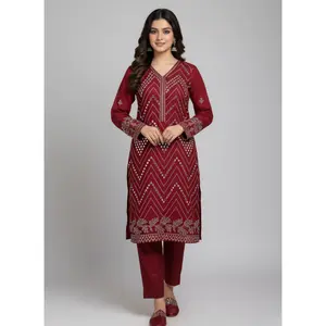Embroidered Chiffon Suit Maroon