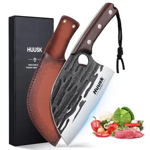 Huusk Japan Knife - Forged Serbian Chef Knife with Leather Sheath for Meat and Vegetables Cutting - Wooden, Steak,Christmas/BlackFriday Gift,leather sheath