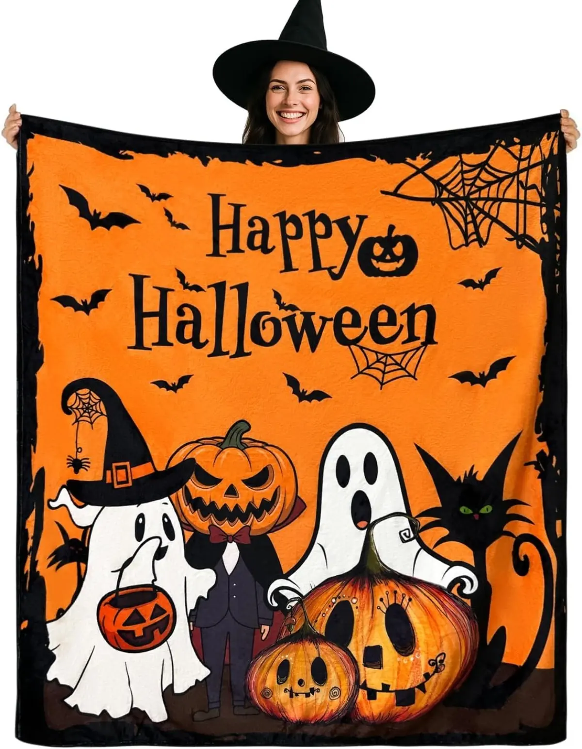 Orange Black Happy Halloween Flannel Blanket,Halloween Blanket for Boys Girls Kids Teens Adult Pumpkin Ghost Bat Witch Spooky Sofa Bed Throw Blankets Halloween Room Decor Gifts for Boys