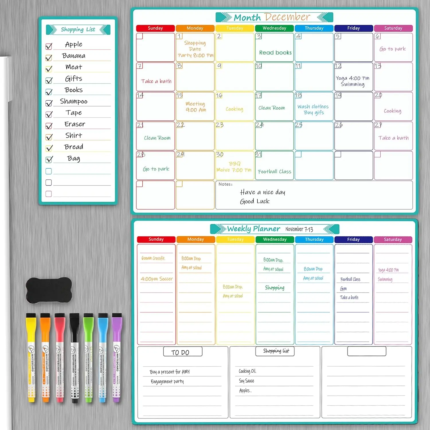 Fridge Calendar Whiteboard, 16"x12" Monthly and Weekly Dry Erase Board for Refrigerator, Smooth Writing and Effortless Cleaning Planner Board with 7 Markers,1 Eraser,1 Shopping List