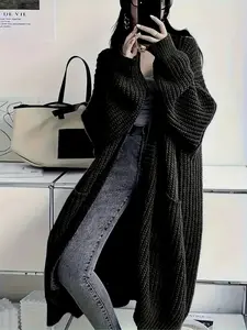 Women's Long Plus Size Thick Knit Cardigan with Pockets, Loose-Fitting Long Sleeve Knitwear Sweater Coat for Fall & Winter