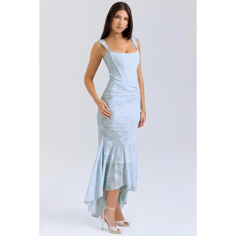 Square Collar Elastic Net Jacquard Pleated Sleeveless Fishtail Suspender Dress Urban Corset Dress Casual Fabric Square Collar Elastic Net Jacquard Pleated Sleeveless Fishtail Suspender Dress Urban Corset Dress Casual Fabric