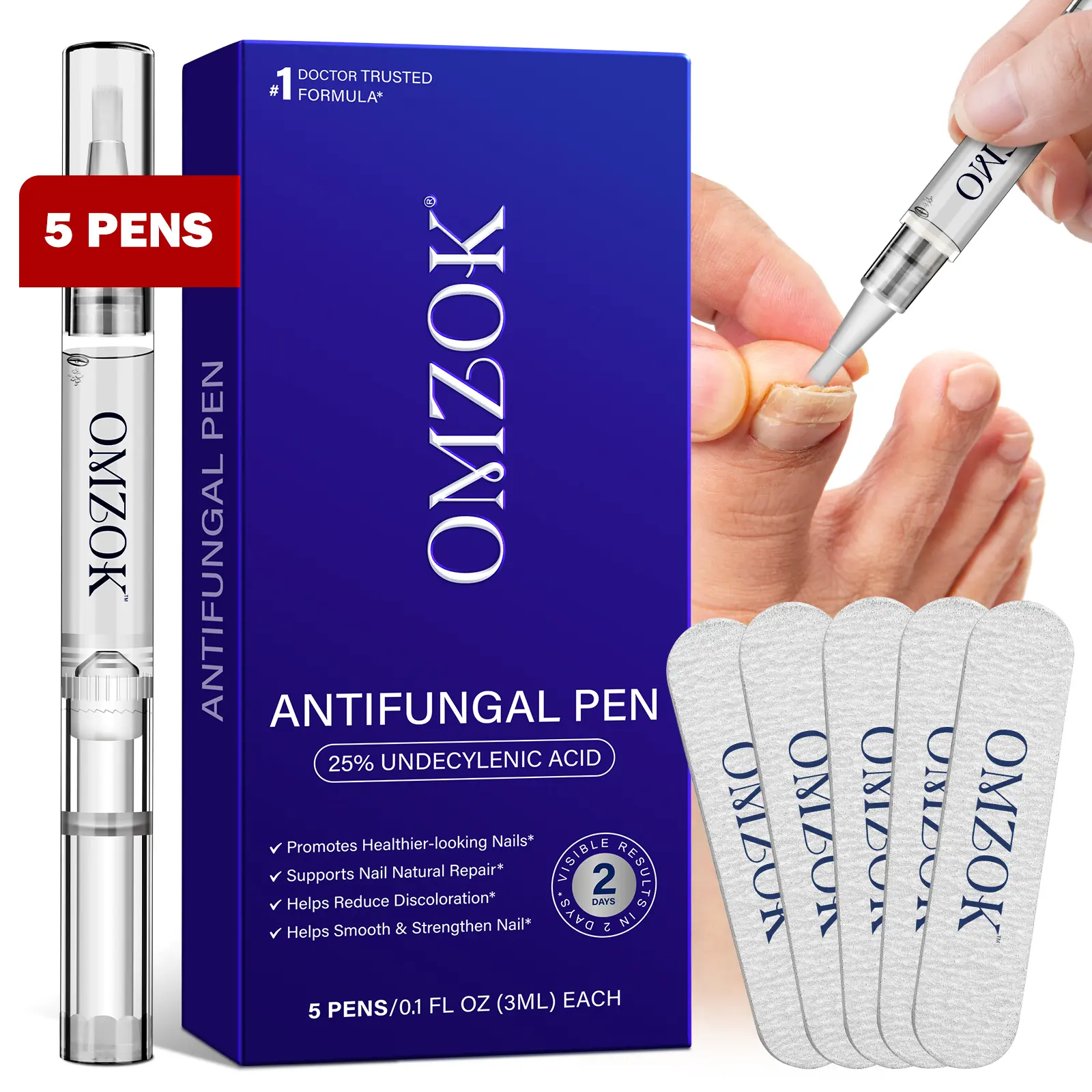 OMZOK nail essence pen set of 5, Nail care product, Nail Care Serum, Nail Strengthener, contains 25% undecylenic acid, improves nails, suitable for nail discoloration, cracking, new formula, gentle and non-irritating, Nail Care Solution