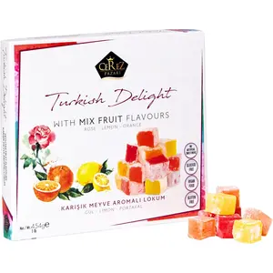 Cerez Pazari Turkish Delight With Rose, Orange, & Lemon Flavors, Gourmet Medium Size Snacks Gift Box, Traditional Confectionery Loukoumi, Vegan Candy Dessert Lokum, No Nuts, 16 oz.