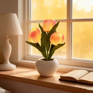 Tulip Lamp Lights Battery Powered LED Simulation Tulip Night Light With Vase Table Lamp Ornaments For Home Living Room Desktop Decor Best Mother's Day Gift