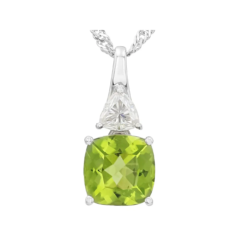 JTV Classic Unisex Green Peridot-Focused Gemstone Accent Pendant with White Moissanite, Rhodium-Plated Sterling Silver Chain, 2.65ctw Everyday Wear Semiprecious Stone Necklace