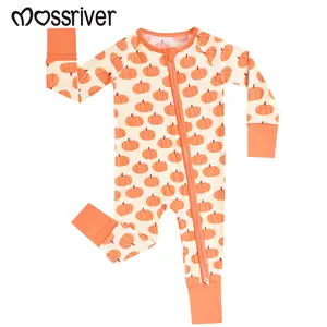 MOSSRIVER Halloween Baby Long-Sleeve Pajamas - Super Soft Bamboo One-Piece with Pumpkin Print, Footies & Mittens, Double Zipper