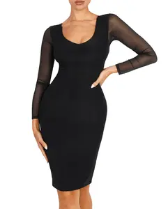 FeelinGirl Shapewear Long Sleeve Bodycon Sheer Mesh Seamless Breathable Casual Fabric Dresses tts