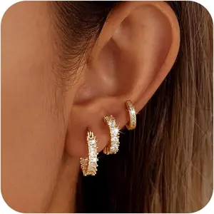 3 Pairs Gold/Silver Hoop Earrings for Women Trendy Dainty 14K Gold Plated Cubic Zirconia Stud Earrings Huggie Hoop Earrings Stack for Multiple Piercing JewelryValentine's Day gift