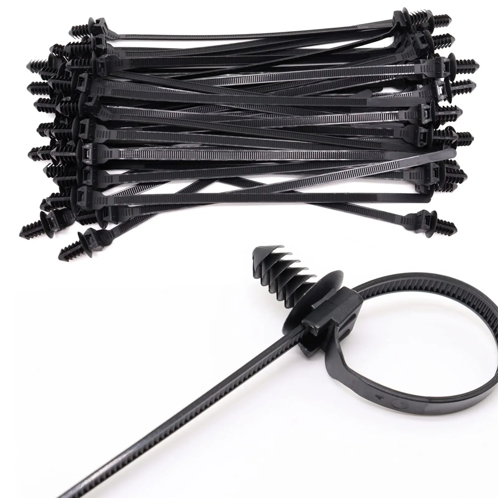 100-Pack Nylon Plastic Push Mount Zip Ties - 8.3in (210mm) Self-Lock Hold Fasteners with 8mm Fir Tree Tip Pin, -40°F to 266°F Anchoring Cables Harness for Auto Cable Management, Bulk Pack with Good Insulation