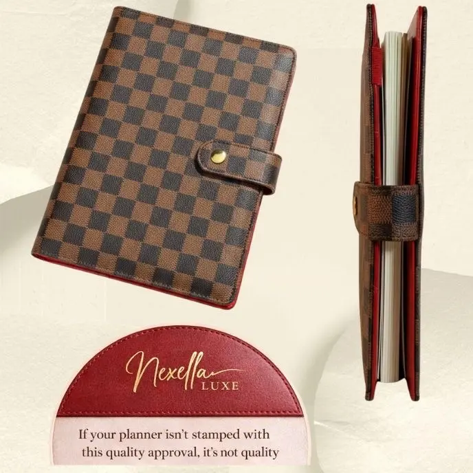Nexella A5 Refillable 6-Ring Binder - Brown Exterior, Deep Red Interior, Multiple Pockets, Card Slots, Gold Rings, Durable and Strong for School, Work, Gifting, Content Creation