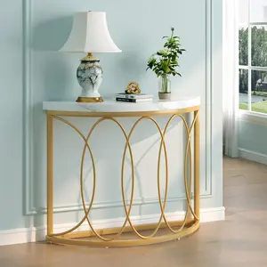 TRIBEWOOD Half Moon Gold Console Table, 43 Inch Modern Faux Marble Entryway Table, Narrow Semi Circle Sofa Accent Table with Geometric Metal Frame for Living Room, Hallway
