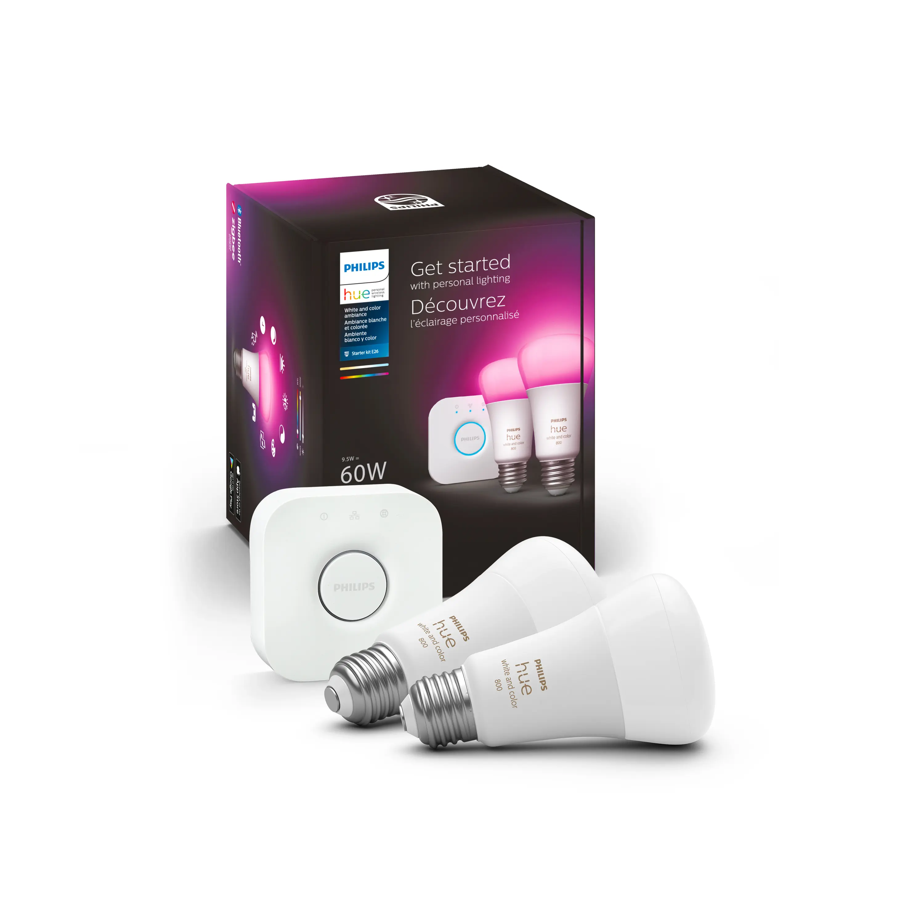 Hue White and Color Ambiance Starter Kit - 2 E26 Smart Light Bulbs, 60W Dimmable Colorful Adaptable Smart Lighting Energy Saving Light Bulbs