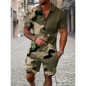 Men's Sports Suit with Camouflage Print Short Sleeve Lapel Half Zip Top and Shorts Two Piece Set Polyester High Quality for Casual Summer Travel