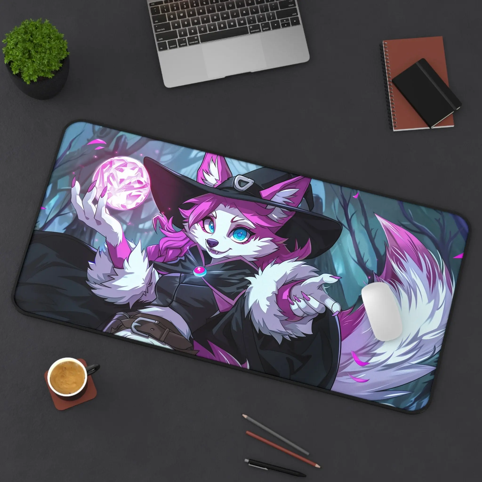 Witch Fursona Furry Mouse Mat | Stylized Wolf Fursona Furry Desk Mat for Gaming & Work | Furry Mouse Pad Fursona Print Forest Lofi PlayMat